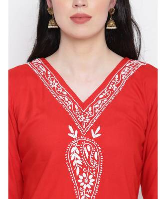 Red Cotton chikankari Rayon kurti with White cotton rayon trousers 5