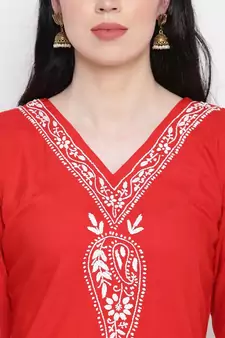 Red Cotton chikankari Rayon kurti with White cotton rayon trousers