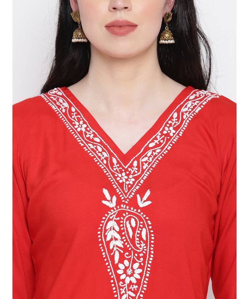 Red Cotton chikankari Rayon kurti with White cotton rayon trousers