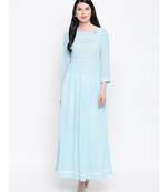 Aqua Blue Georgette Chikankari Gather Dress With Keyhole Button