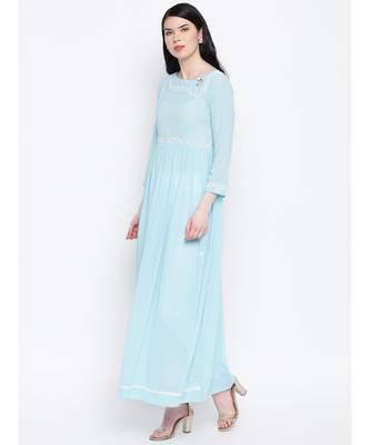 Aqua Blue Georgette Chikankari Gather Dress With Keyhole Button 2