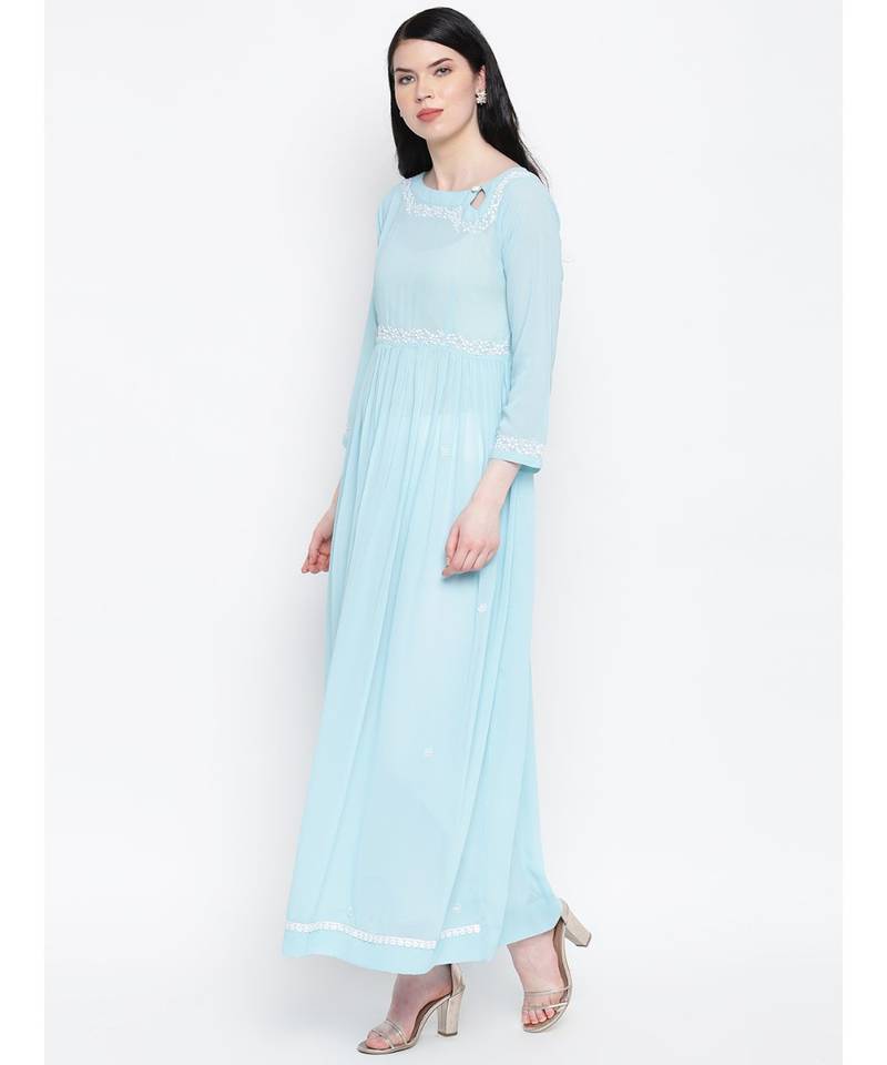 Aqua Blue Georgette Chikankari Gather Dress With Keyhole Button