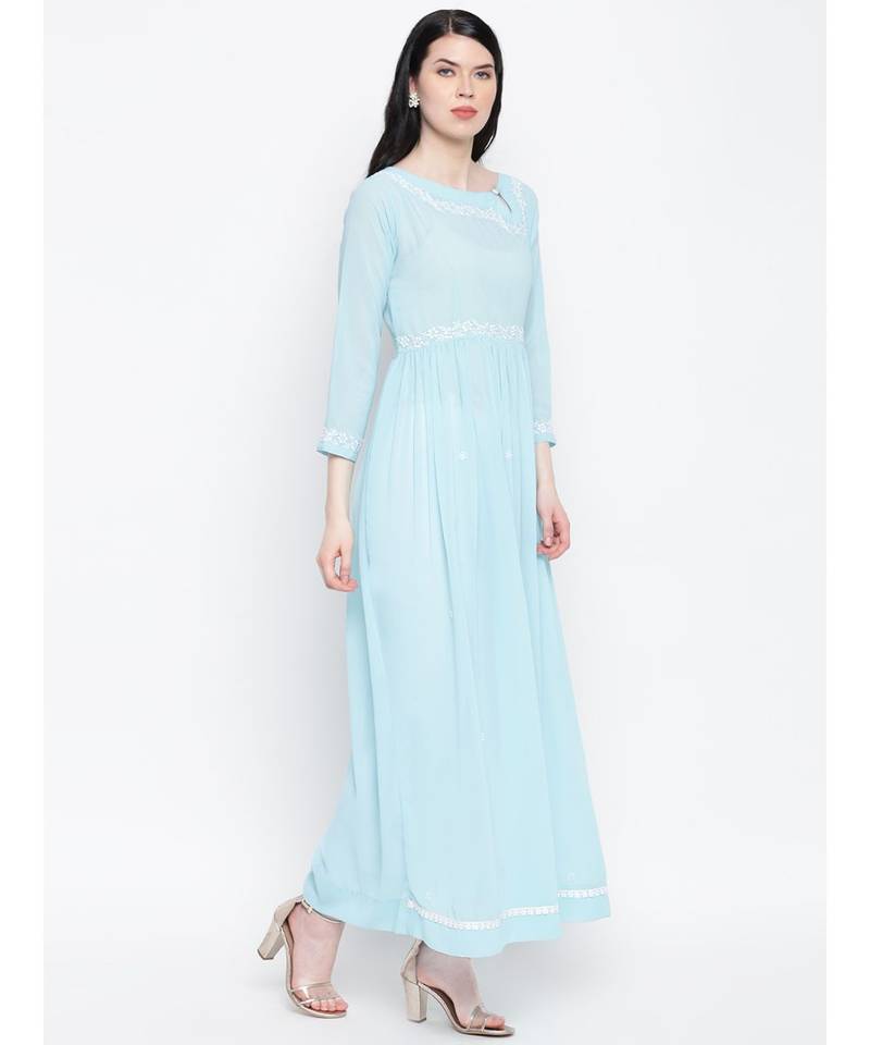 Aqua Blue Georgette Chikankari Gather Dress With Keyhole Button