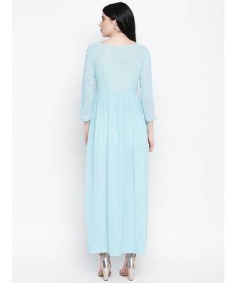 Aqua Blue Georgette Chikankari Gather Dress With Keyhole Button 4