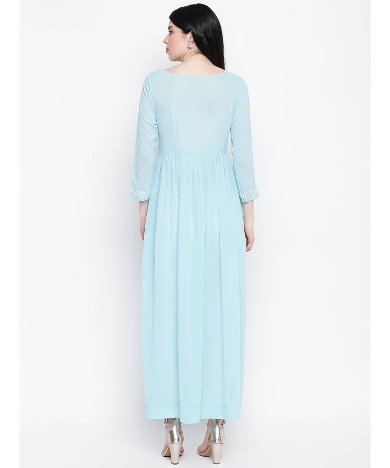 Aqua Blue Georgette Chikankari Gather Dress With Keyhole Button