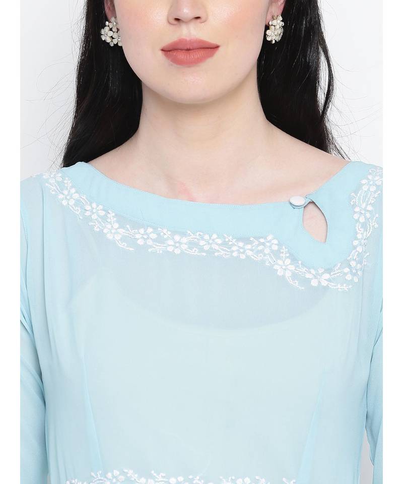 Aqua Blue Georgette Chikankari Gather Dress With Keyhole Button