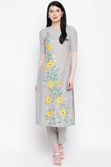 Grey handloom hand painted sunflower kurti with trousers