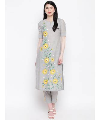Grey handloom hand painted sunflower kurti with trousers 1