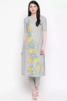 Grey handloom hand painted sunflower kurti with trousers