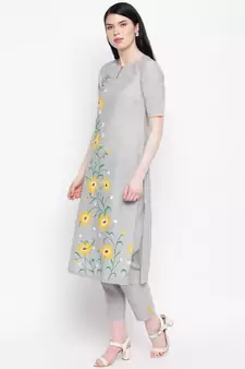 Grey handloom hand painted sunflower kurti with trousers