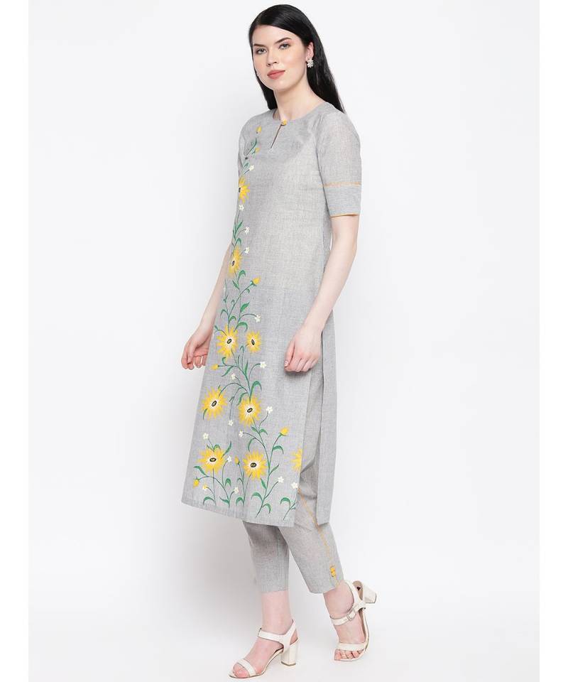 Grey handloom hand painted sunflower kurti with trousers