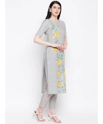 Grey handloom hand painted sunflower kurti with trousers 3