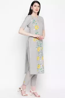 Grey handloom hand painted sunflower kurti with trousers