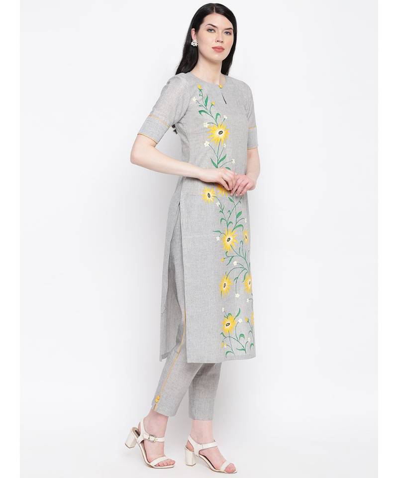 Grey handloom hand painted sunflower kurti with trousers