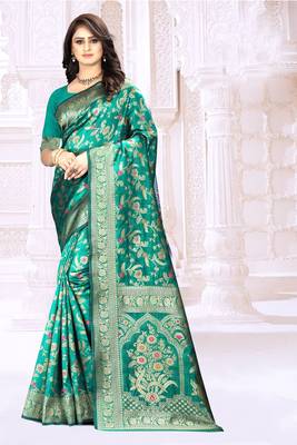 Sea green woven banarasi saree with blouse 1