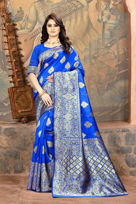 Royal blue woven banarasi saree with blouse - SAREEFLAME - 3270813