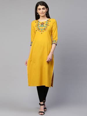 Mustard embroidered cotton ethnic-kurtis 1