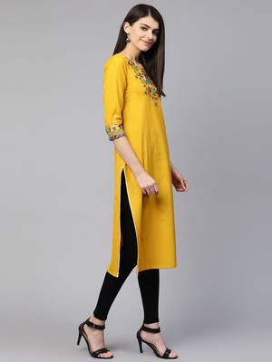 Mustard embroidered cotton ethnic-kurtis 3
