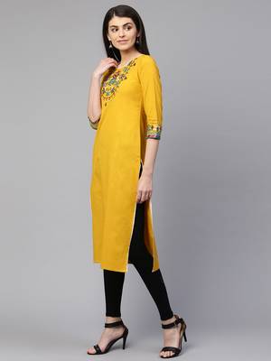 Mustard embroidered cotton ethnic-kurtis 4