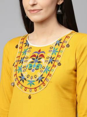 Mustard embroidered cotton ethnic-kurtis 5