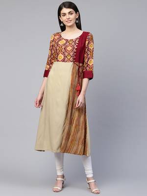Beige printed viscose rayon ethnic-kurtis 1