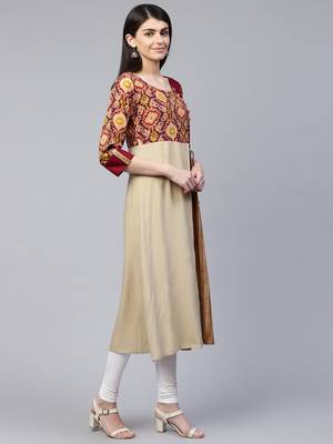 Beige printed viscose rayon ethnic-kurtis 3