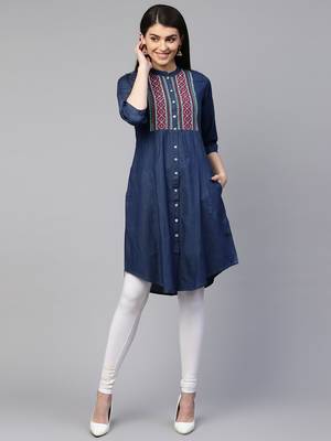 Blue embroidered cotton ethnic-kurtis 1