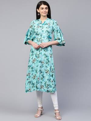 Sky-blue printed viscose rayon ethnic-kurtis 2