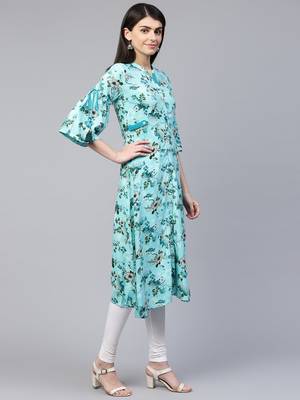 Sky-blue printed viscose rayon ethnic-kurtis 3