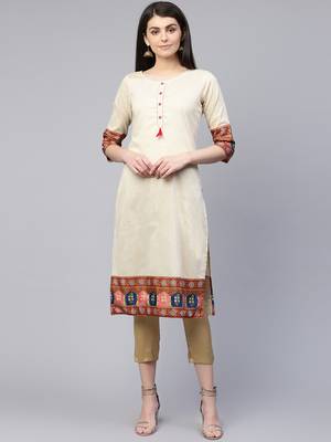 Beige plain cotton ethnic-kurtis 1