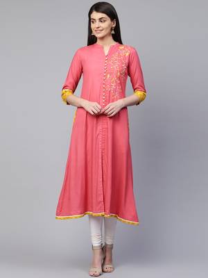 Pink embroidered viscose rayon ethnic-kurtis 1
