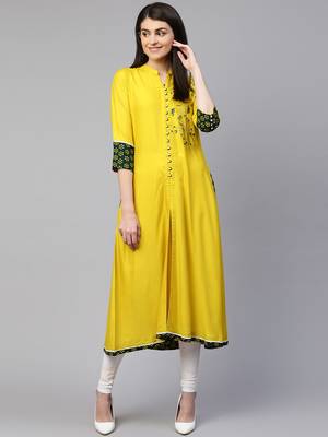 Yellow embroidered viscose rayon ethnic-kurtis 1