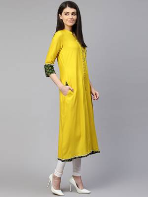Yellow embroidered viscose rayon ethnic-kurtis 3