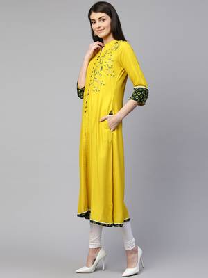 Yellow embroidered viscose rayon ethnic-kurtis 4