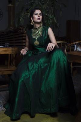 Green Hand Worked Fashion Silk Blend Full Stitched Ethnic Gown 2