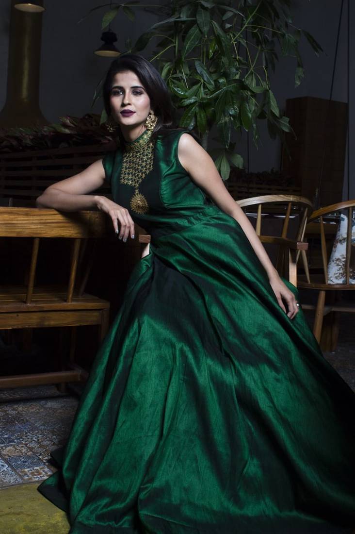 Green Hand Worked Fashion Silk Blend Full Stitched Ethnic Gown