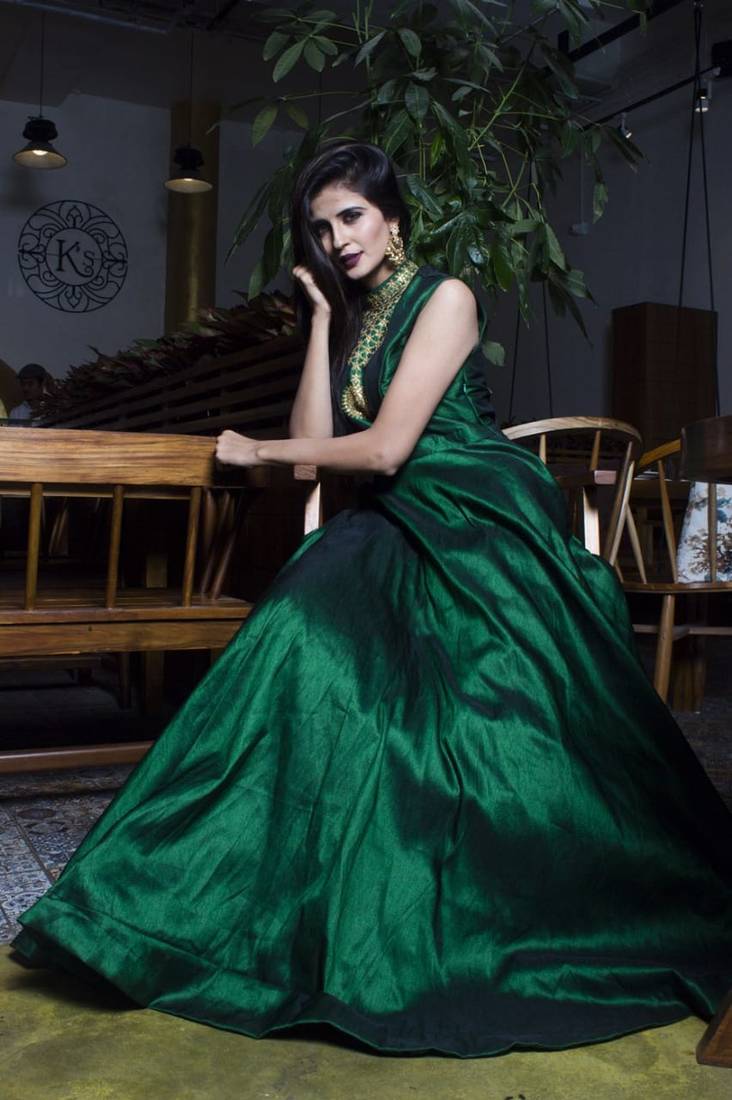 Green Hand Worked Fashion Silk Blend Full Stitched Ethnic Gown