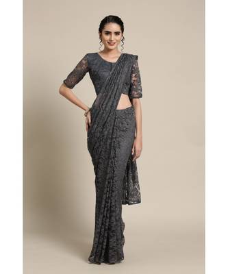 Grey woven net saree with blouse 1