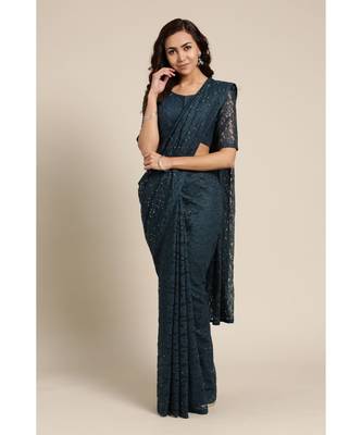 green woven net saree with blouse 1