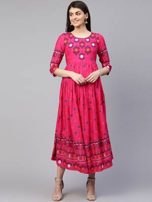 Pink printed viscose rayon maxi-dresses 1