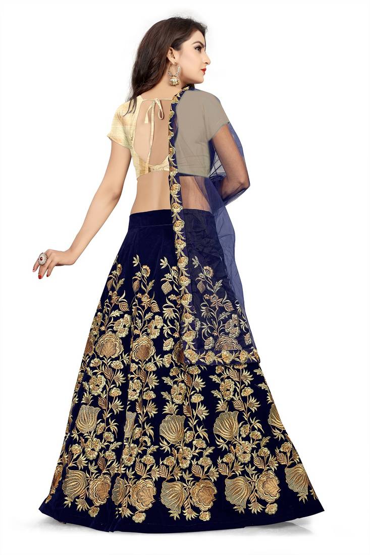Blue thread embroidery velvet semi stitched lehenga VRISA LIFESTYLE