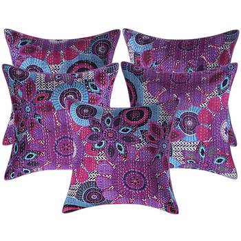 Texstylers 100% Cotton 16x16 Inches Assorted kantha work Embroidery Cushion cover(Pack of 5) 1