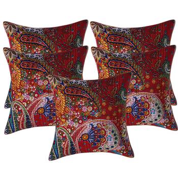 Texstylers 100% Cotton 16x16 Inches Assorted kantha work Embroidery Cushion cover(Pack of 5) 3