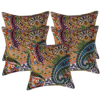 Texstylers 100% Cotton 16x16 Inches Assorted kantha work Embroidery Cushion cover(Pack of 5) 3