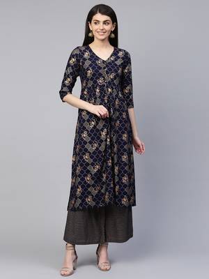 Navy-blue printed viscose rayon ethnic-kurtis 1