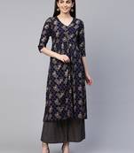 Navy-blue printed viscose rayon ethnic-kurtis