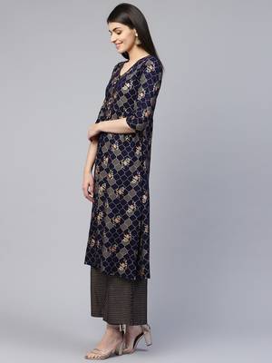 Navy-blue printed viscose rayon ethnic-kurtis 3