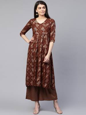 Brown printed viscose rayon ethnic-kurtis 1