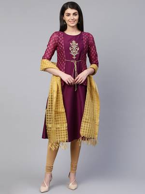 Purple embroidered art silk ethnic-kurtis 1