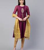 Purple embroidered art silk ethnic-kurtis